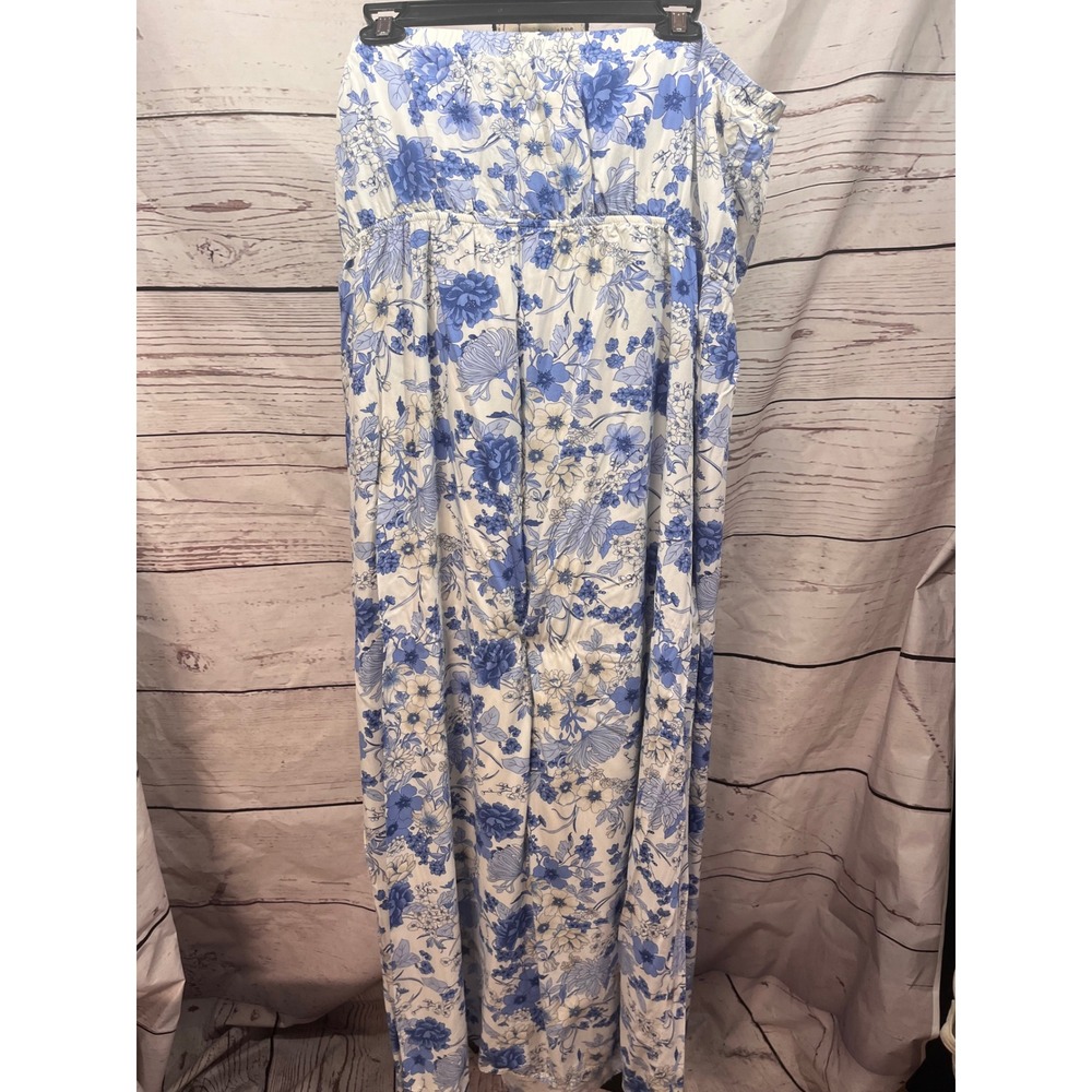 Old Navy Womens XXL Blue White Floral Toile Strapless Elastic Waist Maxi Dress